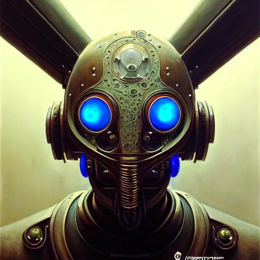 Image similar to low angle portrait shot of a cyberpunk gazmask robot character, intricate, elegant, highly detailed, centered, digital painting, artstation, concept art, smooth, sharp focus, illustration, artgerm, Tomasz Alen Kopera, Peter Mohrbacher, donato giancola, Joseph Christian Leyendecker, WLOP, Boris Vallejo