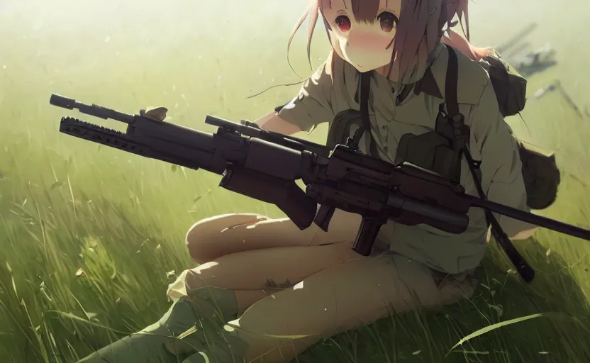 Prompt: a m 1 4 rifle, lush landscape, illustration concept art anime key visual trending pixiv fanbox by wlop and greg rutkowski and makoto shinkai and studio ghibli and kyoto animation, realistic gun, ammo bullets, eotech sight, anpeq 2