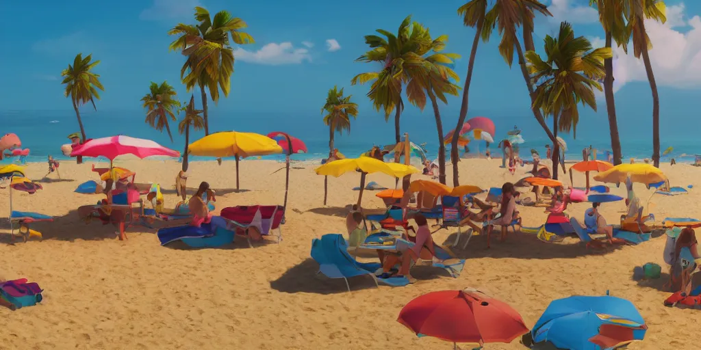 Image similar to a film still of a sunny, windy and colourful beach scene in santa monica, los angelos, narrow shot, low depth of field, wes anderson, studio ghibli, pixar and disney animation, sharp, rendered in unreal engine 5, anime key art by greg rutkowski, bloom, dramatic lighting