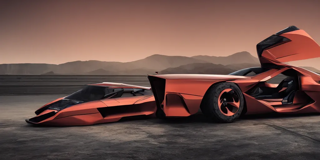 Image similar to a design of a futuristic race car, lifted off-road tires, designed by Polestar and DMC, vaporwave sunrise background, brushed red copper car paint, black windows, dark show room, dramatic lighting, hyper realistic render, depth of field