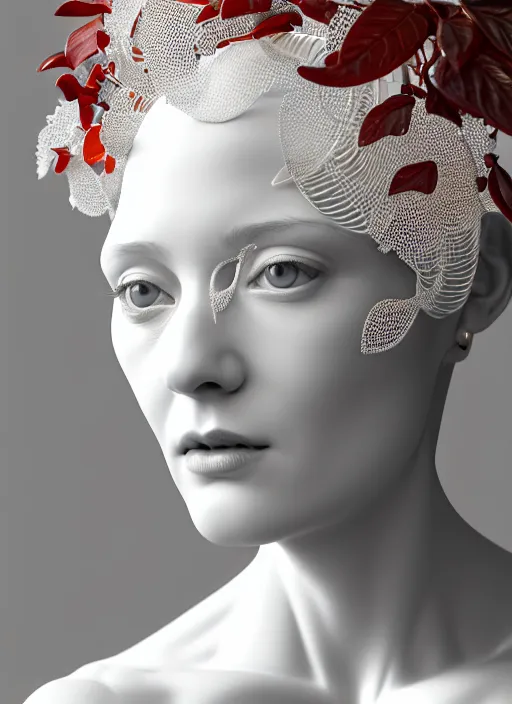 Image similar to complex 3d render ultra detailed of a beautiful porcelain profile woman face, white background, mechanical cyborg, 150 mm, beautiful natural soft light, rim light, studio light, silver gold details, magnolia big leaves and stems, roots, fine foliage lace, mesh wire, intricate details, hyperrealistic, mandelbrot fractal, Alexander Mcqueen haute couture, anatomical, red lips, white metal armor, facial muscles, cable wires, microchip, elegant, octane render, H.R. Giger style, 8k