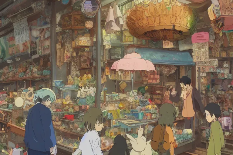 Prompt: Buyers choosing magic animals in magic animals market. 4K digital paint by studio Ghibli Hayao Miyazaki. Very sharp and detailed. Trending on ArtStation and Behance.