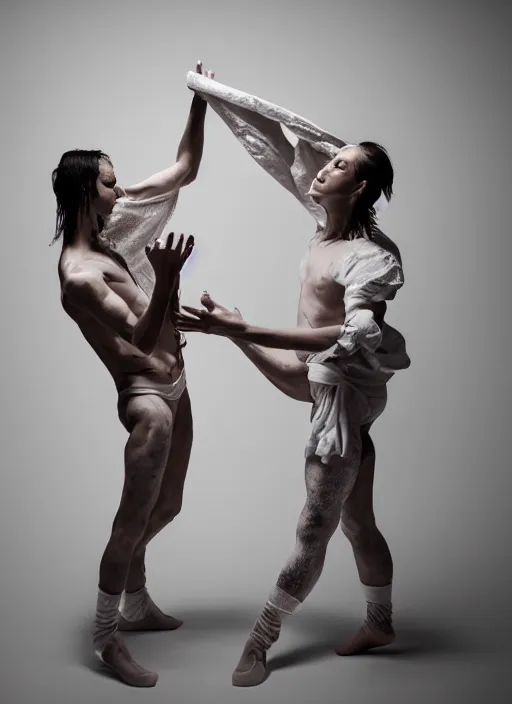 Image similar to expressive potrait photo of male and female butoh dancers dancing with cloth, glamour shot, by jenny saville, by stefan gesell, photorealistic, canon r 3, fashion photography, hyper maximalist, elegant, ornate, luxury, elite, environmental portrait, symmetrical features, octane render, unreal engine, solid dark grey background, dramatic lights