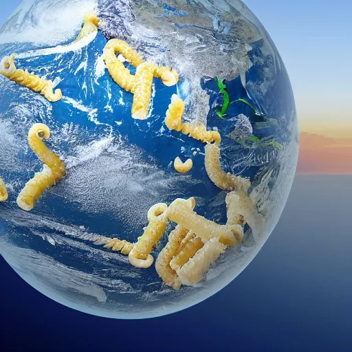 Image similar to On the flat earth, the oceans are prevented from falling off the edge by a giant wall made of macaroni and cheese. Photograph.