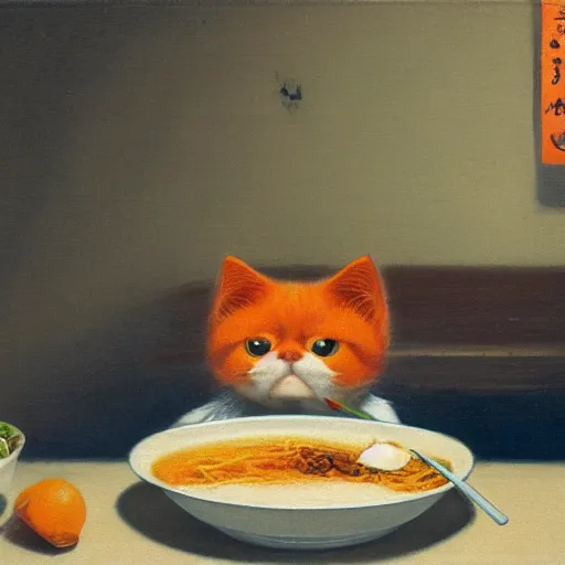 Prompt: Fat, cute orange cat in a suit eating ramen, busy restaurant, close up, ukyio-e, painting by Koson Ohara, details, 4K, 8K