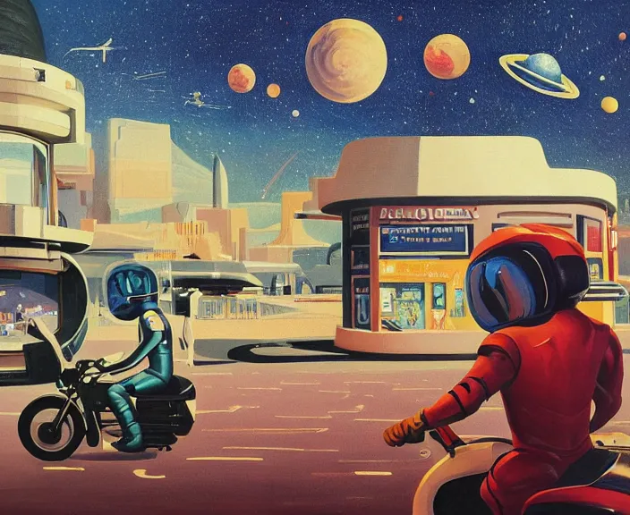 Image similar to a very detailed painting of a astronaut wearing a suit, riding a motorbike down a street on the moon, galaxy sky, there are planets in the sky, cinematic lighting, futuristic city, harley davidson motorbike, worm's - eye view, very fine brush strokes, very aesthetic, very futuristic, in the style of edward hopper and grant wood and syd mead, 4 k,