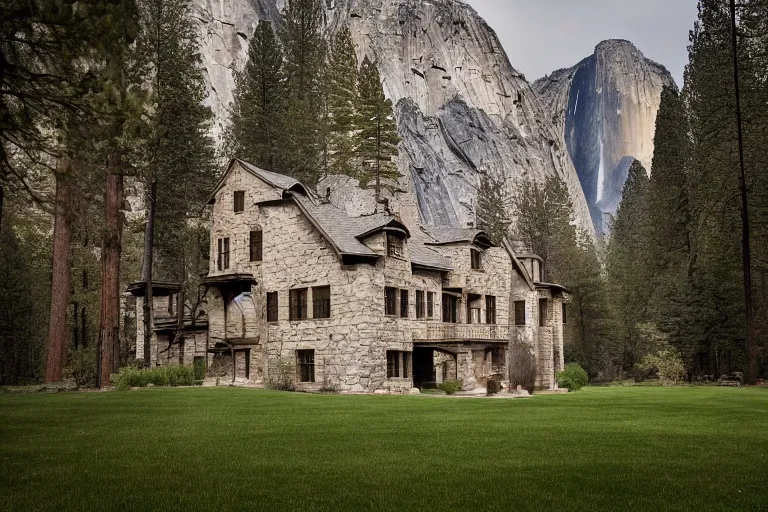 Prompt: old man and his beautiful stone mansion in Yosemite by Emmanuel Lubezki