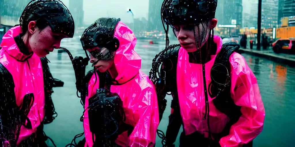 Image similar to cinestill 5 0 d candid photographic portrait by helen levitt of two cyborgs wearing rugged neon pink mesh techwear in treacherous waters, extreme closeup, modern cyberpunk moody depressing cinematic, pouring rain, 8 k, hd, high resolution, 3 5 mm, f / 3 2, ultra realistic faces, ex machina