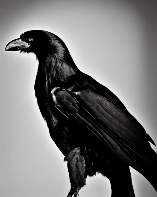 Image similar to a profile portrait, a stunning young creature, a mix of woman - crow - cyborg, editorial photography, bw, shot on 7 0 mm, depth of field, f / 2. 8, high contrast, 1 6 k, volumetric lighting, shiny, insanely detailed and intricate, hypermaximalist, elegant, ornate, hyper realistic, super detailed