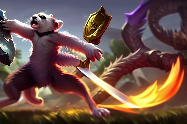 Image similar to a fierce and violent ferret boy furry with a sword and shield leaps into the fray. league of legends splash art