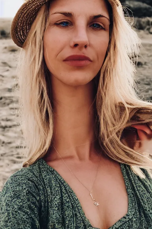 Image similar to olive skinned blonde female model in her twenties, wearing a sundress, looking content, focused on her neck, photo realistic, extreme detail skin, natural beauty, no filter, slr, golden hour, 4 k, high definition, selfie