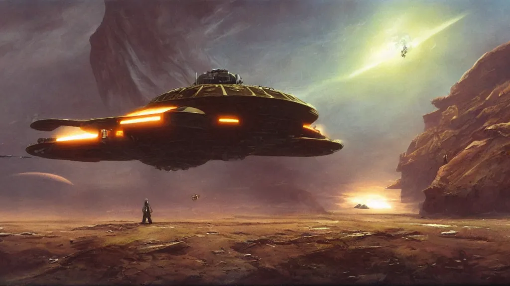 Image similar to organic dropship lander by john schoenherr and jim burns, epic cinematic matte painting