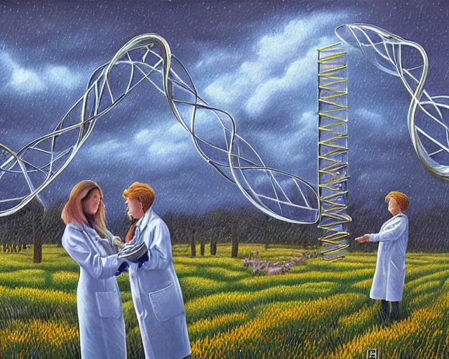 Image similar to in a field, two scientists in lab coats encounter a monster shaped like the DNA double helix, stormy weather, by Rob Gonsalves