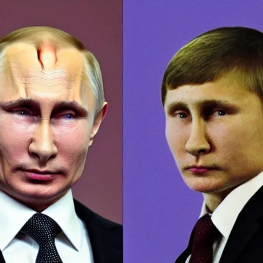 Image similar to putin teams up with a mysterious teenage putin, perfect faces