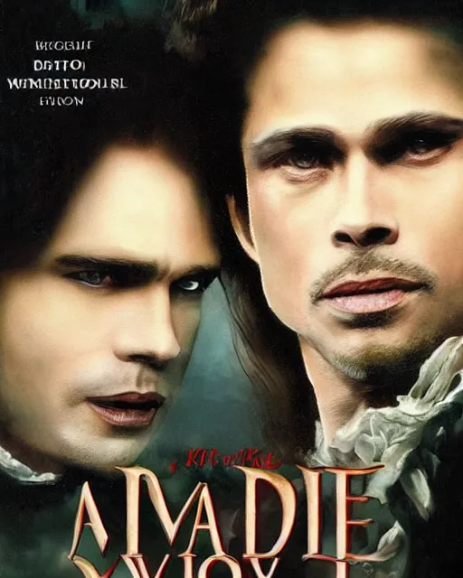 Prompt: alternate cover art for the movie interview with a vampire starring a long haired brunette brad pitt as louis de pointe du lac portrait, face centered, schmuck, regal, confident, unused design, night time, fog, colonial era street, volumetric lighting, realistic illustration, perfectly shaded, soft painting, no text, art by krenz cushart and wenjun lin