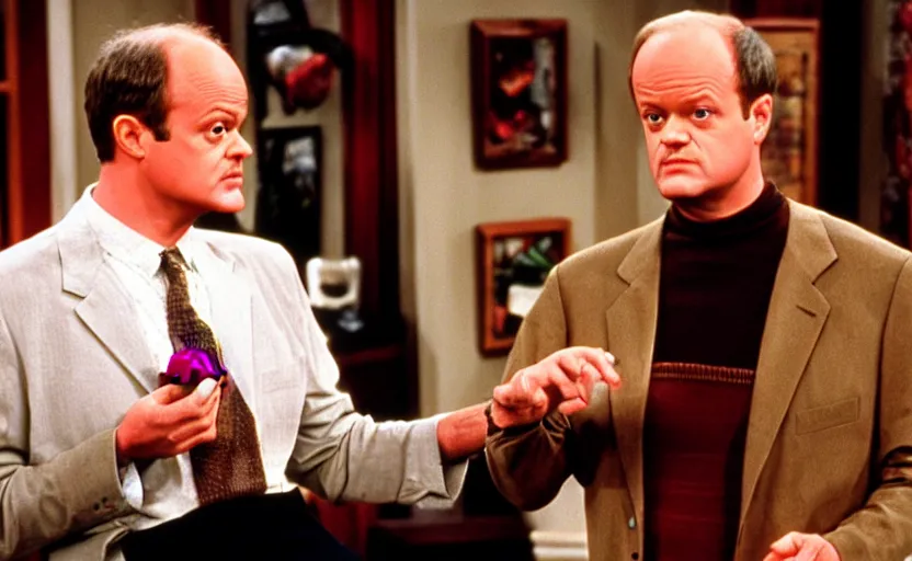 Prompt: the episode of frasier where everyone gets covered in chocolate