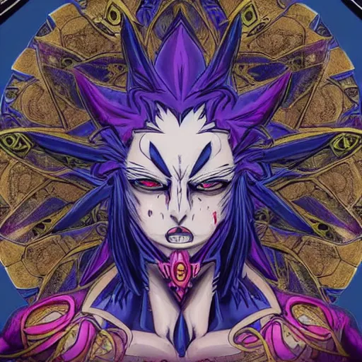 Image similar to 4 k headshot of godlike jester with defined arms and open hands and bloody clothes with giant mandala wings, intricate face, flawless anime cel animation by kentaro miura, psychedelic, highly detailed upper body, professionally post - processed, beautiful, scary, symmetry accurate features, epic, octane rendered, anime masterpiece, accurate