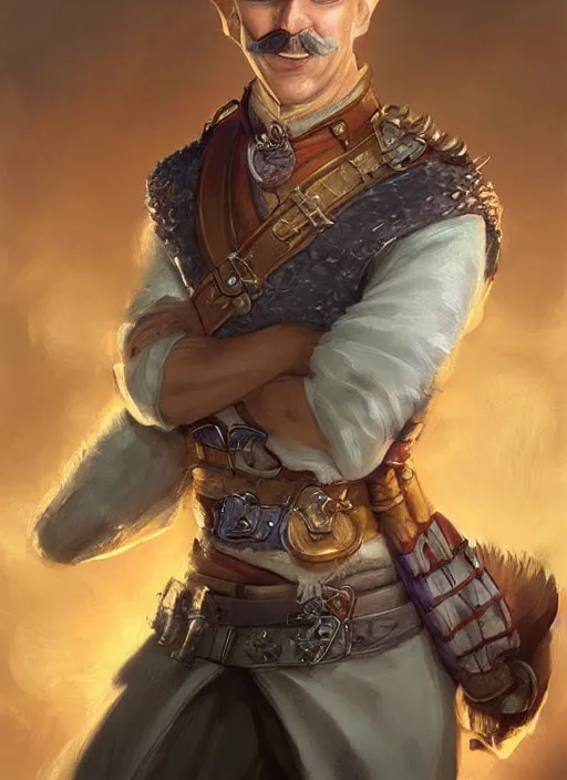 Prompt: young man with short white hair and moustache, dndbeyond, bright, colourful, realistic, dnd character portrait, full body, pathfinder, pinterest, art by ralph horsley, dnd, rpg, lotr game design fanart by concept art, behance hd, artstation, deviantart, hdr render in unreal engine 5