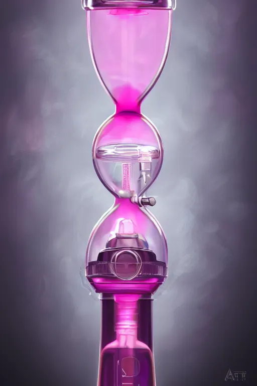 Prompt: Pink Vapor Inhalation Machine Conected to a Spherical Bottle of Pink Liquid by a Tube, Pink Vapor Leaking from an Oxygen Mask, fantasy, magic, ultra detailed, digital art, trending on artstation, illustration