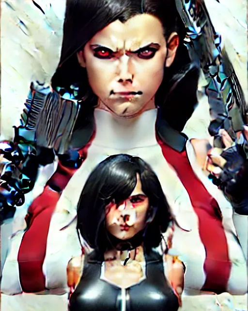 Image similar to phil noto comicbook cover art, artgerm, female domino marvel, black spot right eye, symmetrical eyes, long red hair, full body, city rooftop