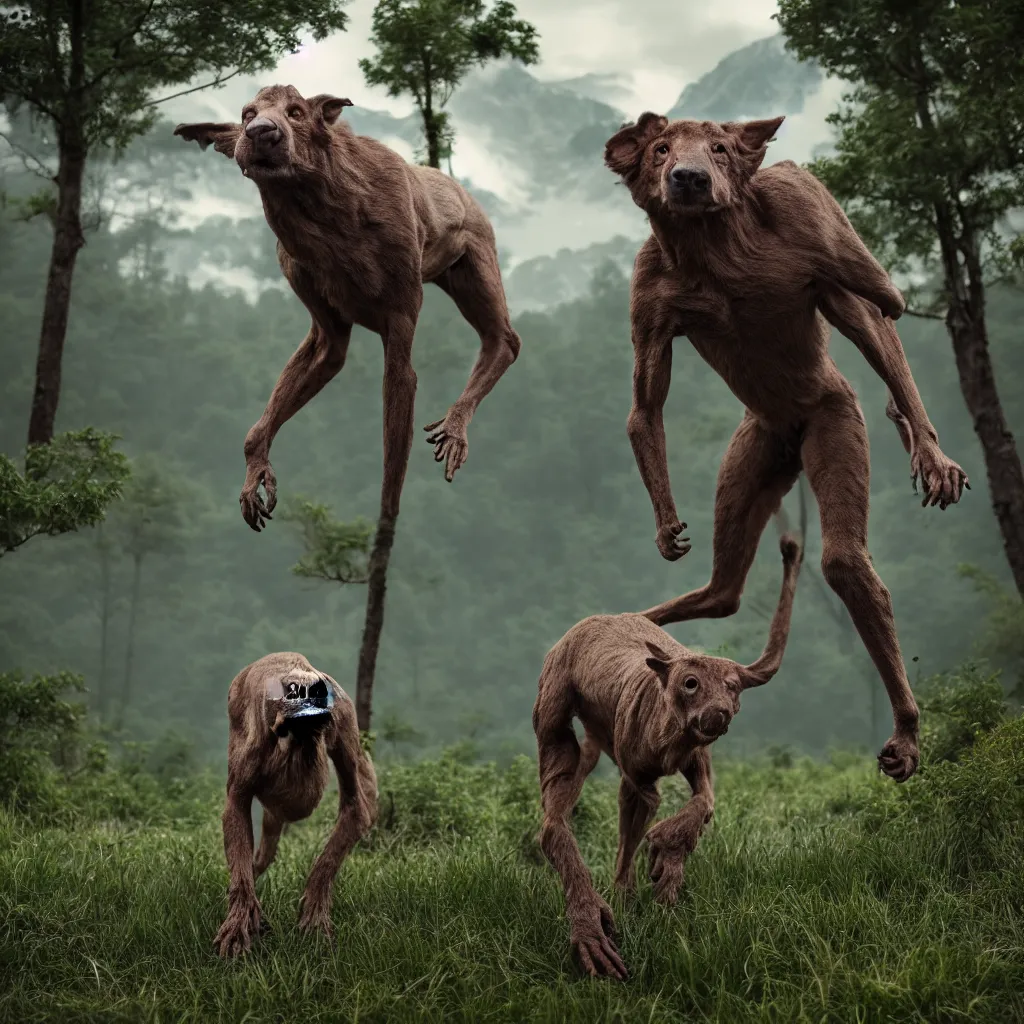 Prompt: animal human hybrid posing in a natural landscape, hyperreal 3d render, unreal engine