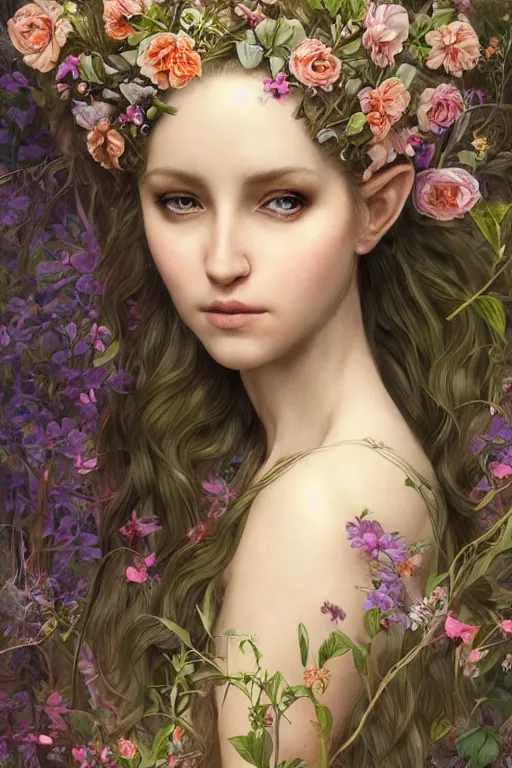 Image similar to a portrait of a beautiful elvish goddess with beautiful flowers composition in her hairs, hairs shining , fairy-like , 8k, highly detailed, sharp focus, ethereal clothes, astral environment, in style of Anna Dittmann and Mark Arial and Artgerm and Gerald Brom