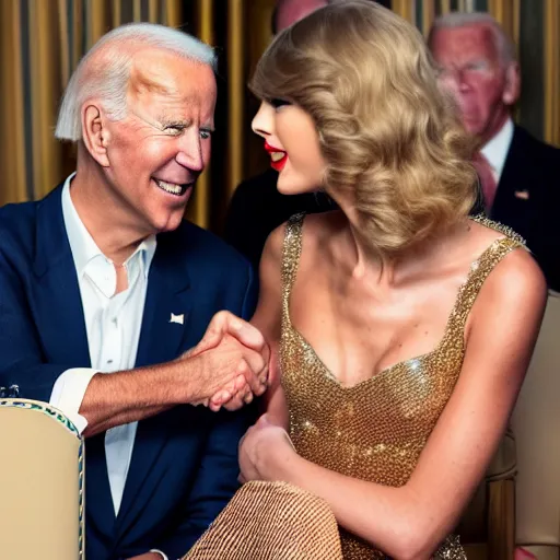 Image similar to taylor swift shaking hands with joe biden, 8 k uhd, cover of vouge magazine