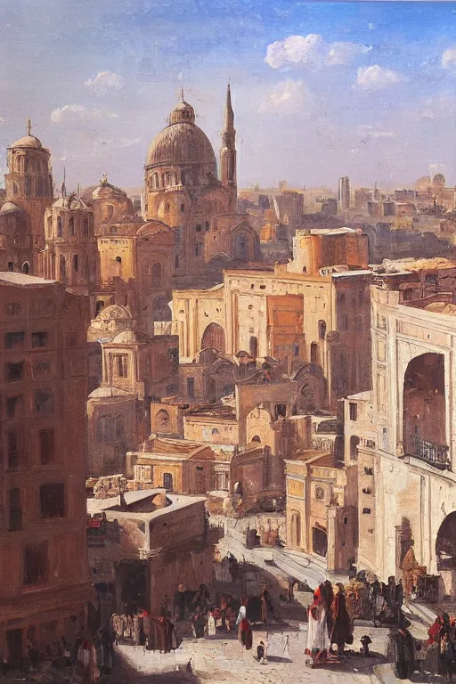 Prompt: painting of view of old European city with mix of middle eastern architecture fusion, photoreal, morning city view , painting by Charles Leickert , old master painting