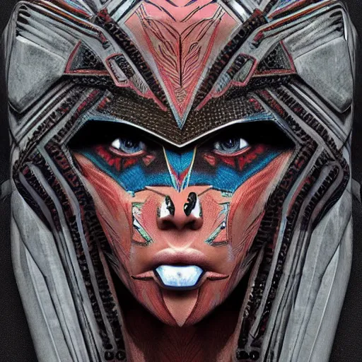 Image similar to symmetry!! a female transformer with tribal paint, cruel eyes!! very symmetrical face, highly detailed, by vitaly bulgarov, by steven zavala, by matt tkocz, by shane baxley, transformers cinematic universe, pinterest, deviantart artstation _ h 7 5 0