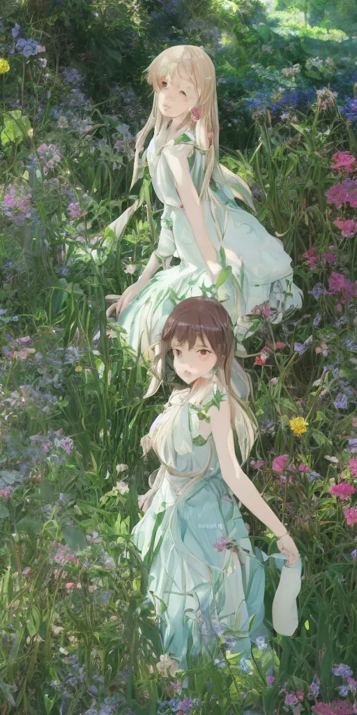 Image similar to a loli with long hair in a dress in the privet garden at after noon, green and warm theme, blue accents, low angle, back lighting, highly detailed, 4 k resolution, trending on art station, by krenz cushart and mucha and akihito yoshida and greg rutkowski and makoto shinkai