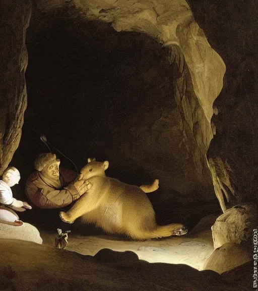 Image similar to looking to a cave with a mother bear and her cubs sleeping in a dark cave, night time, artwork by Pieter Claesz