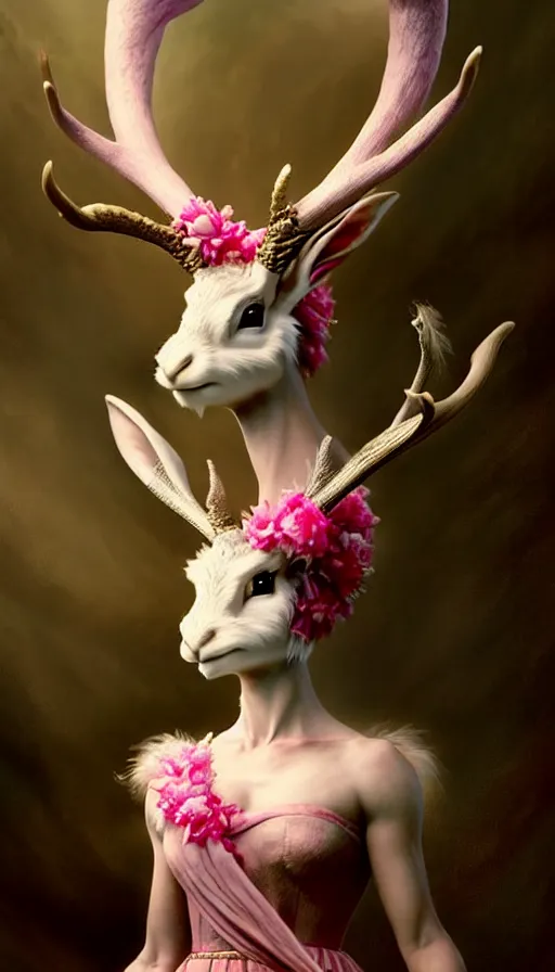 Prompt: a beautiful closeup shot from a fantasy film of a humanoid jackalope wearing a pink ballgown, anthropomorphic jackalope with antlers, full body portrait, joseph ducreux, greg rutkowski.