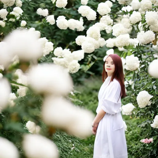 Image similar to a woman dressed in white, standing in a white rose garden, peony petals in the breeze, vivid lighting, professional photography