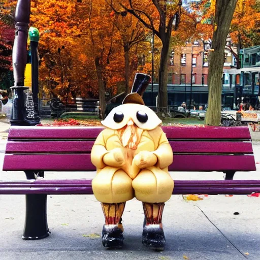 Prompt: a gentleman made of ice cream sitting on a park bench in new york on an autumn day