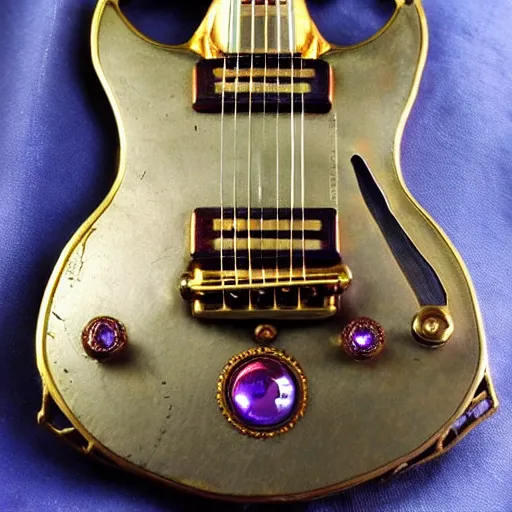 Prompt: photo of a steampunk electric guitar with ornaments and gems, ultra realistic, mucha, art deco