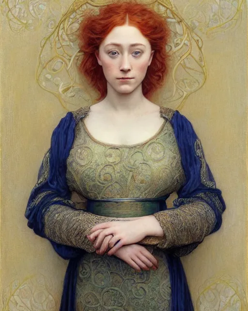 Image similar to intricate art nouveau oil painting of redheaded young saoirse ronan or redheaded millie bobby brown wearing an intricate lace dress, highly detailed, intricate, elegant, digital painting, smooth, sharp focus, illustration, ultra realistic, 8 k, by bouguereau, alphonse mucha, artgerm, and donato giancola