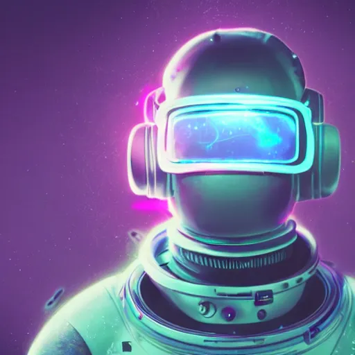 Image similar to cyberpunk astronaut bot, cinema 4 d, galaxy space sci - fi, wearing vr goggles, illustration, portrait, pastel neon textured background night, detailed,