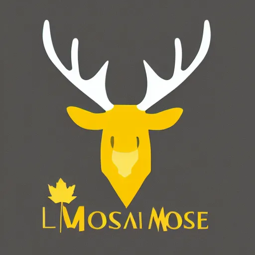 Image similar to a simple yellow moose logo, looking to the side, maple leaf antlers, black background, logo