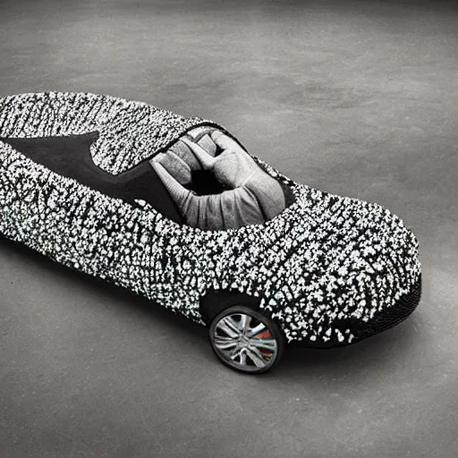 Image similar to photo by annie leibovitz of a car made out of 1 0 0 s of nike sneakers