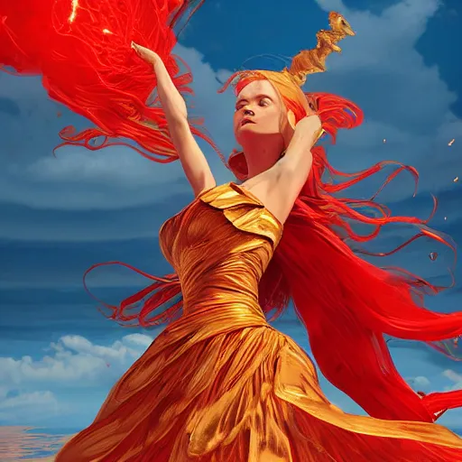 Image similar to goddes of the sun, beautiful, stunning, red golden dress, whirling with power in the sky, unreal engine, concept art, photorealistic, cinematic, james jean, akira, satochi con