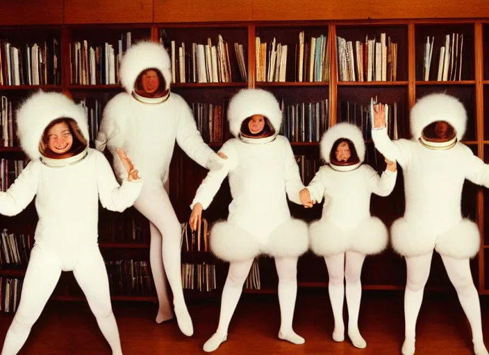 Prompt: realistic documentary photo of a a family of students wearing white tights, wearing wooden eggs astronaut furry hairy fluffy helmets hats made of wood, dancing in a spacious wooden library 1 9 9 0, life magazine reportage photo, neutral colors, neutral lighting