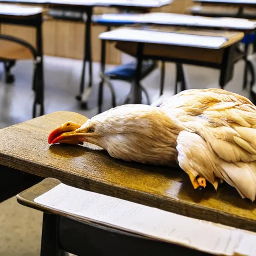 Prompt: chicken sleeping in a classroom