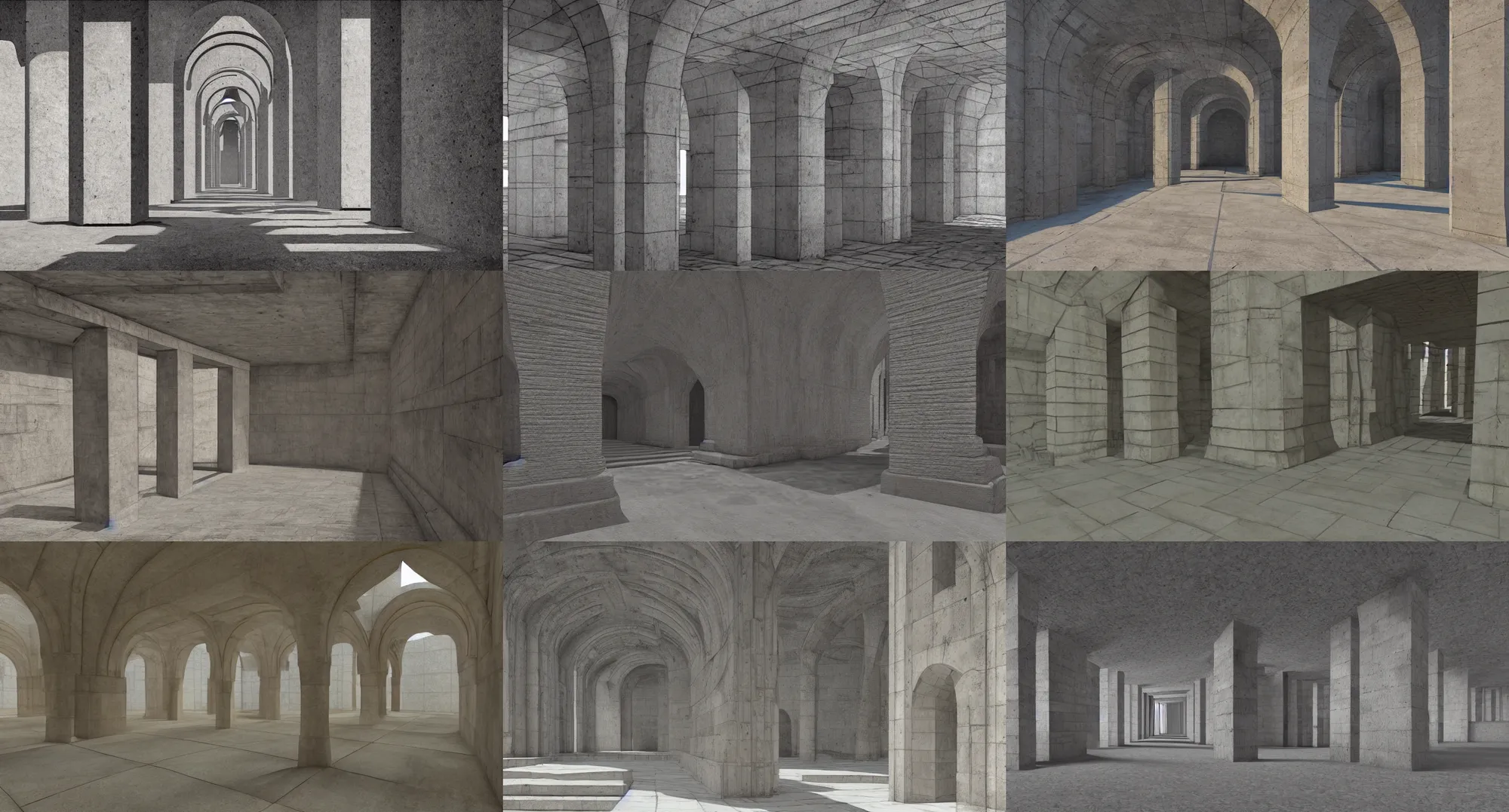 Prompt: contrast painting in the style of Hugh Ferriss and Gérard Trignac and Michael Whelan, brutal concrete interiors, roman architecture, archs and walls, low view, deep shadows, low poly 3d render, volumetric light