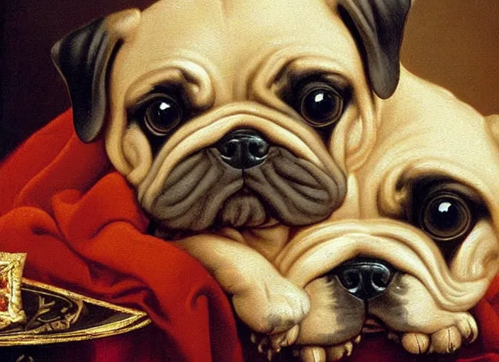 Prompt: baroque rococo painting The Royal Pug portrait Greg Hildebrandt high detail cute puppy