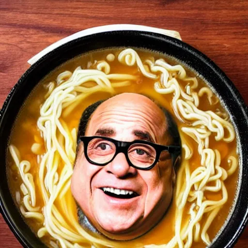 Prompt: danny devito face in a bowl of ramen