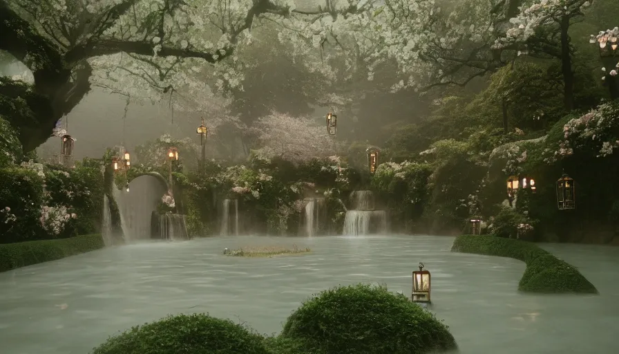 Prompt: a Sophia Coppola 35mm film still of a very surreal magical European castle with a cafe in a lush waterfall garden, falling cherry blossoms pedals, in the style of Gucci and Wes Anderson glowing lights and floating lanterns, foggy atmosphere, rainy, moody, muted colors, magic details, very detailed, 8k, cinematic look