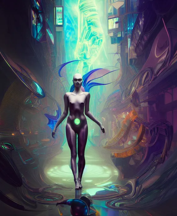 Image similar to a whirlwind of souls rushing inside the metaverse, hologram, half body, neurochip, shaved temple, piercing, jewelry, android, cyborg, cyberpunk face, by loish, d & d, fantasy, intricate, elegant, highly detailed, colorful, digital painting, artstation, concept art, art by artgerm and greg rutkowski and alphonse mucha