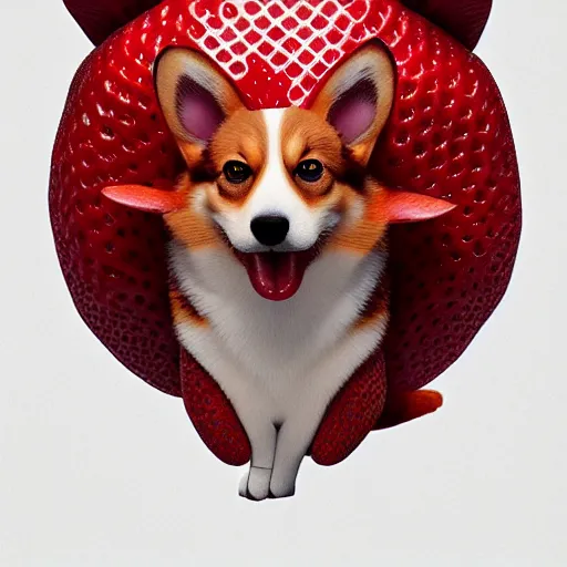 Image similar to corgi as a strawberry : by michal karcz, daniel merriam, victo ngai and guillermo del toro : ornate, dynamic, particulate, intricate, elegant, highly detailed, centered, artstation, smooth, sharp focus, octane render