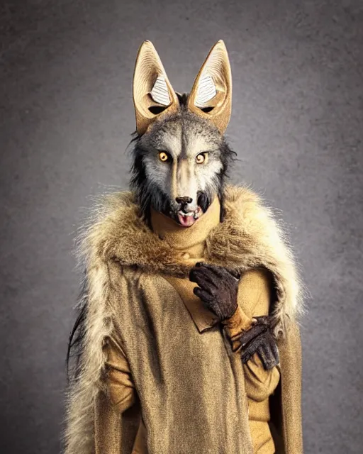 Image similar to Tall emaciated man wolf hybrid, covered in matted fur, he has yellow wolf eyes, a long bent rat like tail, long coyote like ears, and is Wearing a cape with a Top Hat, highly realistic, Rick Baker style, photoreal, photograph in the style of Annie Leibovitz, Studio lighting