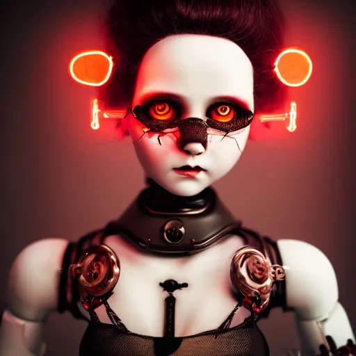 Image similar to Gorgeous feminine porcelain doll with cracking skin and machine parts, glowing red eyes, full body portrait, wires, cyborg, beautiful shattered porcelain skin, gothic, steampunk, glowing red eyes, magic runes, feminine anatomy, witchcraft, hex, shadows, cinematic lighting, octane render, 8k high detail